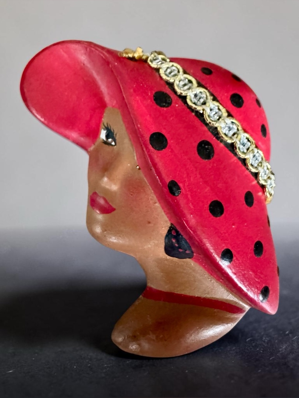 Vtg 80s Red Hat Handmade Black Lady Ceramic Brooch Africana Delta Sigma Theta